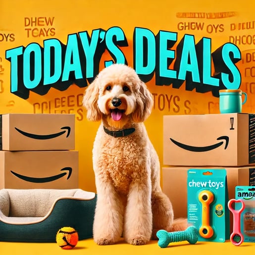 DALL·E 2025-03-07 20.34.54 - A vibrant promotional image featuring a happy Goldendoodle sitting next to a stack of Amazon delivery boxes. The background has a bold Todays Deals