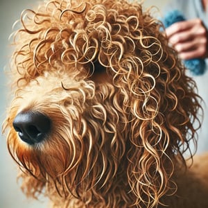 DALL·E 2025-03-11 18.16.43 - A close-up of a Goldendoodles curly coat, showing the texture and softness of the hair after a bath. The coat is fluffy and shiny, demonstrating the