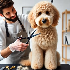 DALL·E 2025-03-11 18.16.49 - A professional groomer trimming the hair of a Goldendoodle dog with scissors and clippers in a clean, bright grooming salon. The Goldendoodle has a so