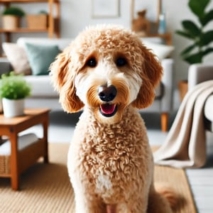 DALL·E 2025-03-11 20.10.37 - A cute Goldendoodle dog with a soft, curly, well-groomed coat sitting in a cozy home environment, looking happy and healthy. The dog has a shiny, fres